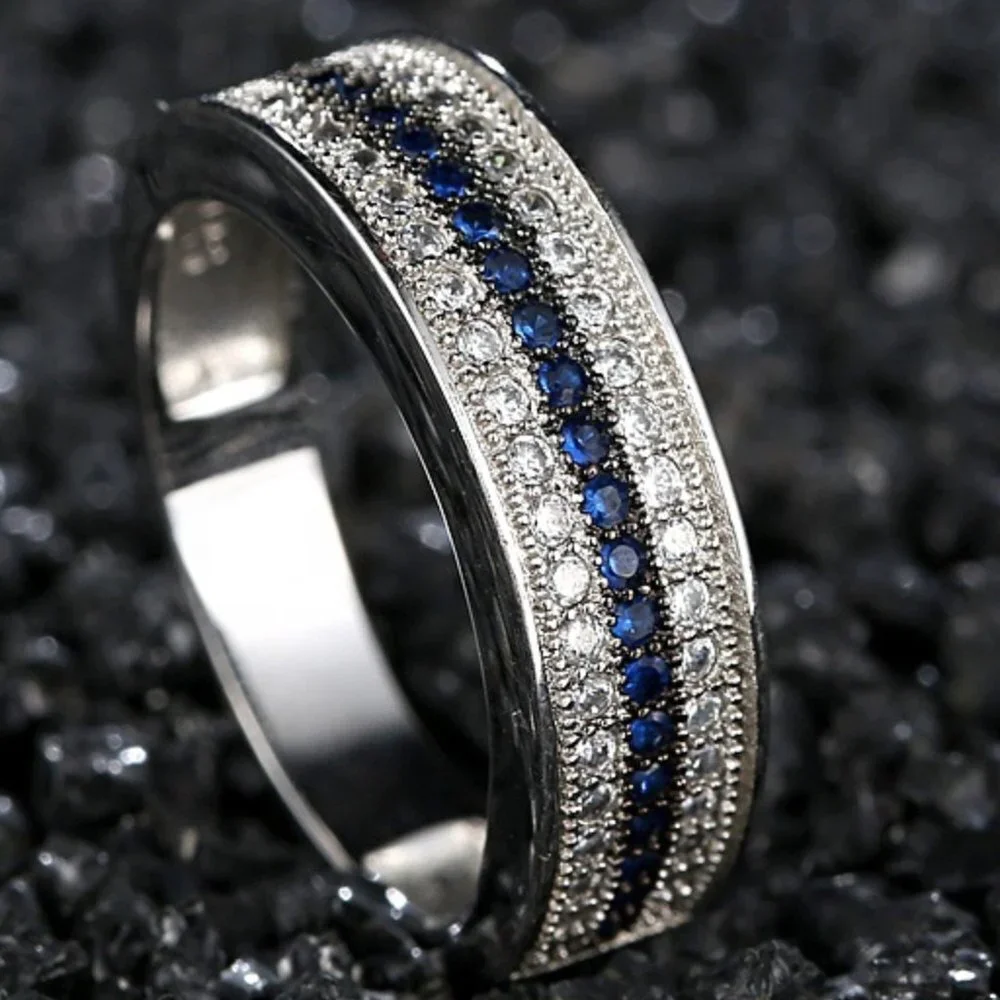 💥925 Silver Plated 3A CZ Blue & White Color Micro Paved Ring, GPMB1489